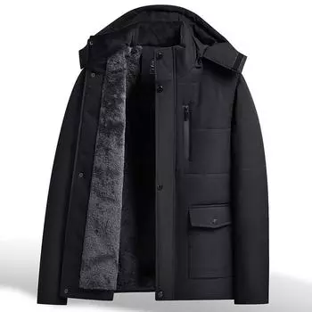 Зимнее хлопковое пальто для мужчин среднего и пожилого возраста с толстым флисом и теплой курткой с капюшоном XXXXXL чёрный