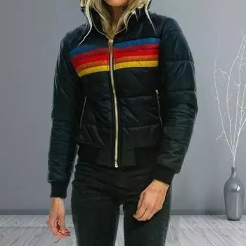 Зимнее хлопковое пальто с карманами, застежка-молния Coloblock, капюшон с подкладкой, ветрозащитный кардиган, короткий S чёрный