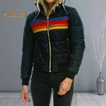 Зимнее хлопковое пальто с карманами, застежка-молния Coloblock, капюшон, утепленный, ветрозащитный кардиган, короткая эластичная хлопковая куртка с манжетами и подолом S озеро синий