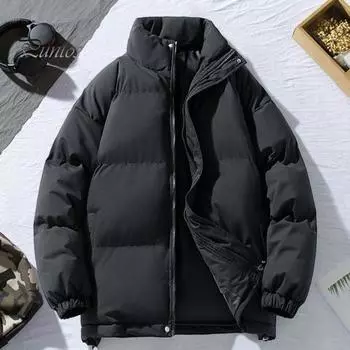 Зимнее хлопковое пальто с воротником-стойкой, длинным рукавом, застежкой-молнией, пуховая куртка с карманами, однотонная, свободный крой, утепленная теплая верхняя одежда M зелёный/серый