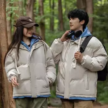 Зимнее хлопковое пальто, утолщенное и теплое, поддельное хлопковое пальто из двух частей, свободное парное пальто с капюшоном, пуховое хлопковое пальто M