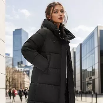 Зимнее хлопковое утепленное пальто женское среднее и длинное термокуртка из хлопка новый большой размер с капюшоном M чёрный
