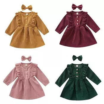 Зимнее и осеннее бархатное платье с длинными рукавами и рюшами для маленьких девочек с заколкой для волос с бантом 110