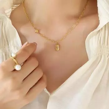 Зимнее инкрустированное цирконием неправильной квадратной формы фирменное ожерелье с кулоном в виде гексаграммы из титановой стали с покрытием из 18-каратного золота