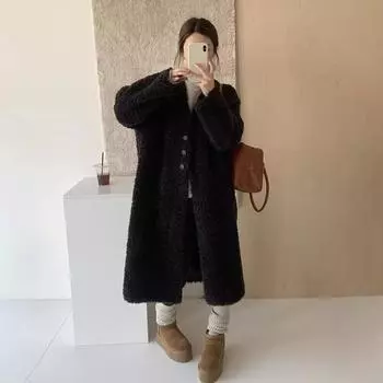Зимнее искусственное меховое пальто длинное из овечьего меха с интегрированным V-образным вырезом свободное экологически чистое шерстяное пальто женское утолщенное S Length 110