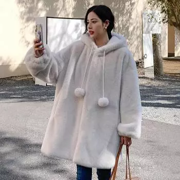 Зимнее искусственное меховое пальто женское длинное пальто с капюшоном 2024 новое украшение из норки теплая одежда S абрикосовый