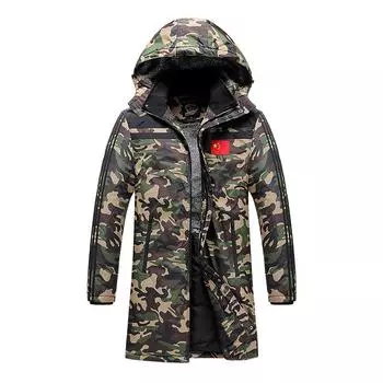 Зимнее камуфляжное мужское пальто с капюшоном на хлопковой подкладке, утолщенное, средней длины M камуфляжный