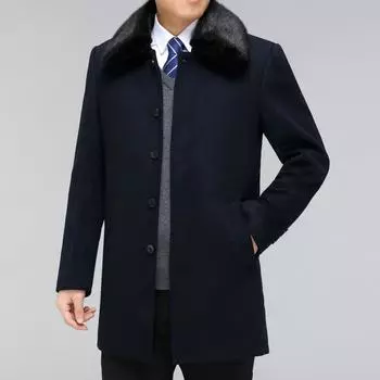 Зимнее кашемировое пальто для мужчин, шерстяное пальто средней длины с меховым воротником, наряд для папы среднего и пожилого возраста, плюс флисовая ветровка 170