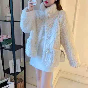 Зимнее кашемировое пальто из ягненка с воротником-стойкой, короткая женская куртка из коровьего рога на пуговицах, утолщенная куртка из искусственного меха S