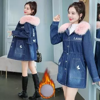 Зимнее кашемировое утепленное джинсовое пальто для женщин, свободные джинсы с вышивкой, меховая куртка, осенняя одежда M