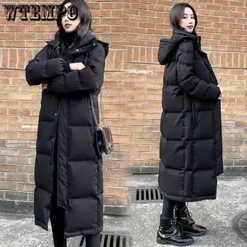 Зимнее корейское длинное черное пуховое хлопковое пальто длиной до колена, свободное, повседневное модное утолщенное зимнее пальто в иностранном стиле XXL чёрный