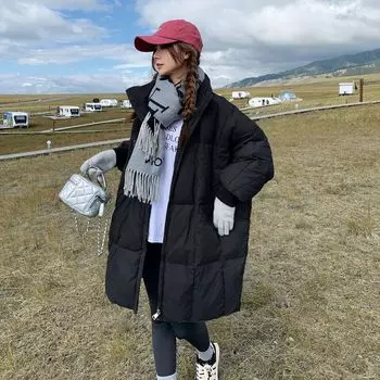 Зимнее корейское новое свободное пальто средней длины, хлопковая куртка для женщин S чёрный