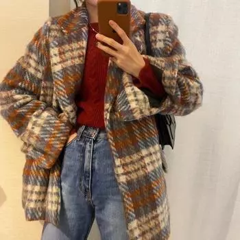 Зимнее корейское свободное шерстяное клетчатое пальто женское утепленное твидовое пальто с длинным рукавом Casaco Feminino S