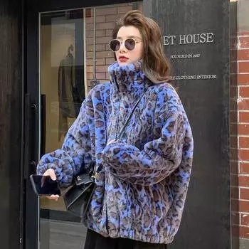 Зимнее красочное леопардовое пальто из искусственного меха, женское пальто с длинным рукавом на молнии, теплая мягкая пушистая куртка, модная S синий