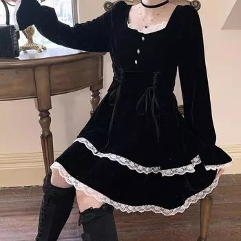 Зимнее кружевное платье Лолиты, вечерние кавайные костюмы, повседневное черное бархатное мини-платье Y2k, готическое черное бархатное цельное платье, Корея S чёрный
