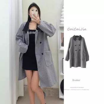 Зимнее маленькое ретро контрастные лацканы средней длины шерстяное пальто высокого качества шерстяное пальто женское свободное прилив S серый
