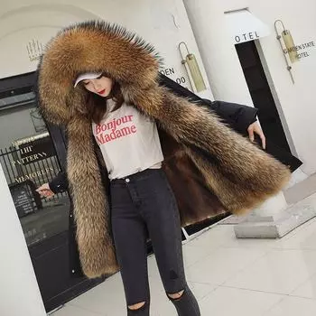 Зимнее меховое пальто средней длины со съемной подкладкой из меха енота утолщенное пальто из искусственного меха для женщин M чёрный