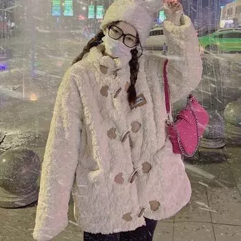 Зимнее меховое пальто женское в студенческом стиле, утолщенное, свободный воротник-стойка, теплое, в иностранном стиле, имитация овечьей шерсти сверху S