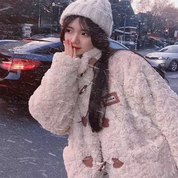 Зимнее меховое пальто женское в студенческом стиле, утолщенное, свободное, с воротником-стойкой, теплое, в иностранном стиле, с верхом из искусственной овечьей шерсти S