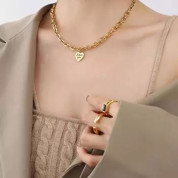 Зимнее модное хип-хоп-стиль уличных букв с квадратным сердечком и персиковым покрытием, покрытая цепочкой на ключицу из настоящего золота 18 карат P850-1