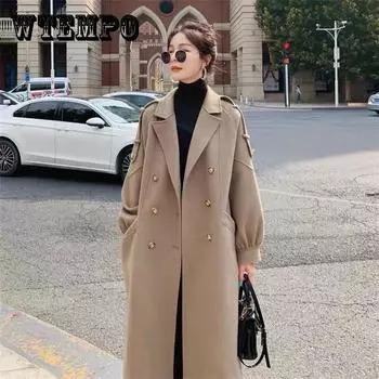 Зимнее модное новое элегантное темпераментное шерстяное пальто, шикарное супер длинное двубортное шерстяное женское пальто в стиле ретро XL