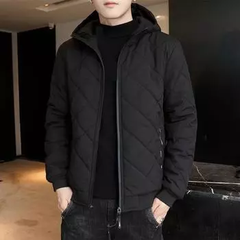 Зимнее мужское хлопковое пальто с капюшоном и защитой шеи на молнии Кардиган с мягкой подкладкой Толстый теплый с длинным рукавом Сплошной цвет Карманы Плюс размер Свободная мужская куртка M чёрный