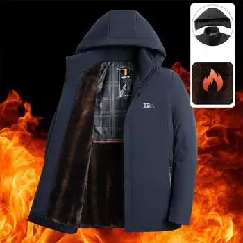 Зимнее мужское хлопковое пальто средней длины, теплая и утепленная бархатная куртка с капюшоном, одежда для папы для мужчин XL