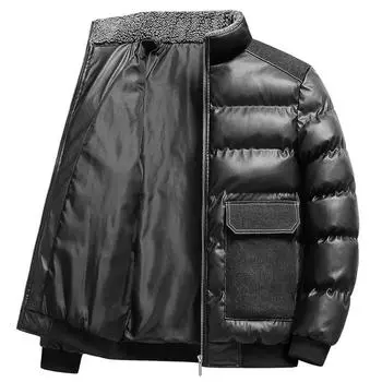 Зимнее мужское хлопковое утепленное пальто, облегающее пальто со стоячим воротником из искусственной кожи, хлопковое пальто с большим карманом, мужская куртка L чёрный