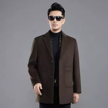 Зимнее мужское кашемировое пальто с карманами и двухсторонним воротником, средней длины, со съемным пуховиком, повседневное шерстяное пальто 170