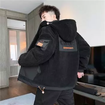 Зимнее мужское меховое флисовое модное пальто, мужское пальто с лацканами, теплая пуховая куртка на молнии с капюшоном, верхняя одежда больших размеров XXXXL чёрный