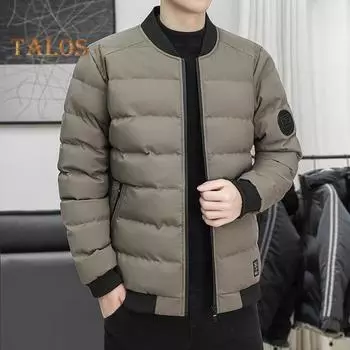 Зимнее мужское пальто с толстой подкладкой, воротником-стойкой, застежкой-молнией, длинными рукавами, однотонными карманами на молнии, ветронепроницаемое, сохраняющее тепло, уличное пуховое пальто M темно-коричневого