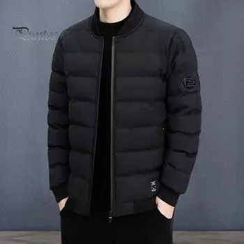 Зимнее мужское пальто с толстой подкладкой, воротником-стойкой, застежкой-молнией, длинными рукавами, однотонными карманами на молнии, ветронепроницаемое, сохраняющее тепло, уличное пуховое пальто M чёрный