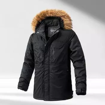 Зимнее мужское повседневное теплое пальто Velvet Pie Overcome, куртка с капюшоном и меховым воротником из хлопка для мужчин L чёрный