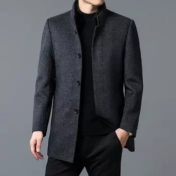 Зимнее мужское шерстяное пальто, новое модное пальто среднего возраста с воротником-стойкой средней длины, подкладка из перьев, съемный воротник из норкового меха M