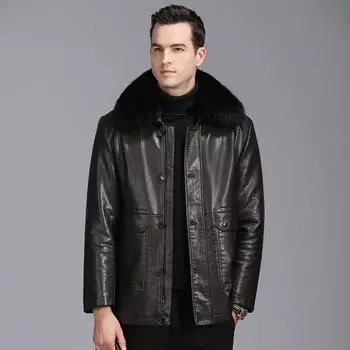 Зимнее мужское утолщенное и бархатное пальто из натуральной кожи, воротник из натурального меха лисы, меховое пальто на пуговицах, теплая куртка для людей среднего и пожилого возраста M