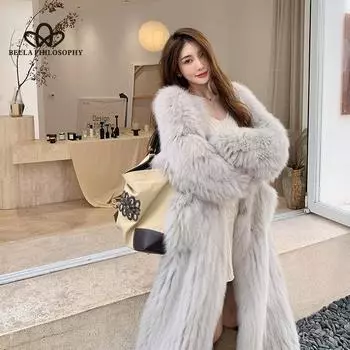 Зимнее новое экологически чистое длинное пальто из искусственного лисьего меха, женское меховое пальто, зимнее модное повседневное длинное пальто из искусственного меха S бежевый