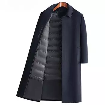 Зимнее новое мужское шерстяное пальто, супердлинное выше колена, деловое, повседневное, с пуховой подкладкой, шерстяное пальто, куртка 170 темно-синий