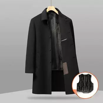Зимнее новое мужское упитанное пальто больших размеров, среднее и длинное с лацканами и флисом, можно снять подкладку, шерстяное пальто 170 чёрный