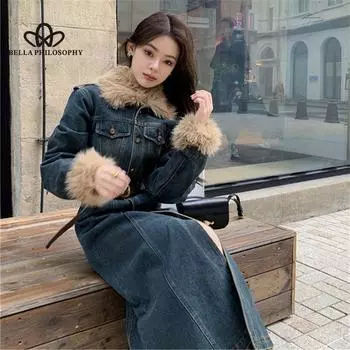 Зимнее новое платье из утолщенного хлопкового денима с воротником-стойкой, женское длинное повседневное пальто в стиле ретро S