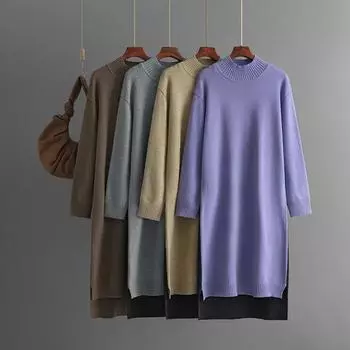 Зимнее новое платье-водолазка с вязанным свитером, осеннее трикотажное длинное платье, свободное утягивающее однотонное платье-свитер для женщин One Size чёрный