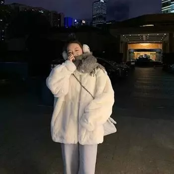 Зимнее новое женское пальто из искусственного меха средней длины, свободное утолщенное пальто S бежевый