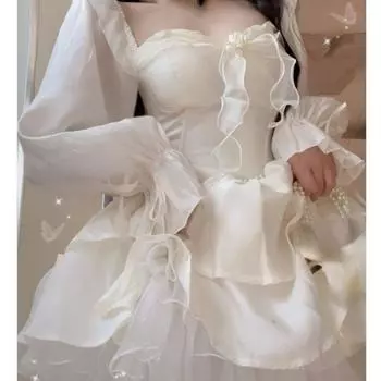 Зимнее однотонное сказочное платье Kawaii, женское дизайнерское мини-платье Лолиты с длинными рукавами, женское повседневное корейское модное цельное платье 2023 S бежевый