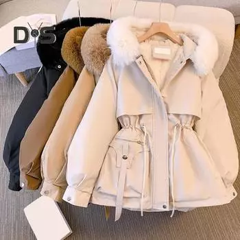 Зимнее осеннее женское пальто с капюшоном из искусственного меха, утолщенное, с длинным рукавом, эластичный пояс на шнурке, средней длины, однотонное, ветрозащитное, устойчивое к холоду, на молнии 2XL белый