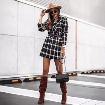 Зимнее осеннее женское пальто с отложным воротником, клетчатый принт, двубортное, с длинными рукавами, плотная куртка средней длины для свиданий, поездок на работу, офиса 2XL синий