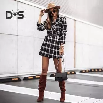 Зимнее осеннее женское пальто с отложным воротником, клетчатый принт, двубортное, с длинными рукавами, плотная куртка средней длины для свиданий, поездок на работу, офиса 2XL синий