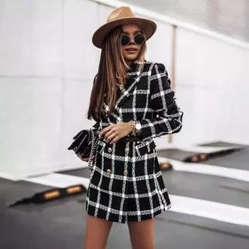 Зимнее осеннее женское пальто с отложным воротником, клетчатый принт, двубортное, с длинными рукавами, плотная куртка средней длины для свиданий, поездок на работу, офиса S синий