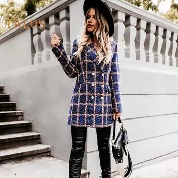 Зимнее осеннее женское пальто с отложным воротником, клетчатый принт, двубортное, с длинными рукавами, плотная куртка средней длины для свиданий, поездок на работу, офиса 2XL синий