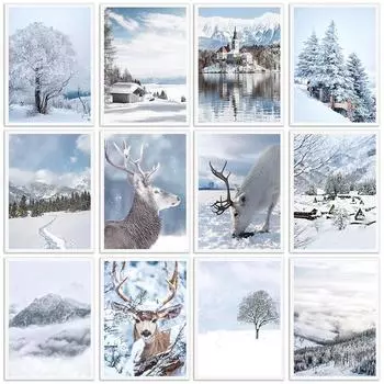 Зимнее озеро, гора, холст, картина, снег, дерево, олень, настенная художественная картина, принт, природный пейзаж, скандинавский плакат, домашний декор, подарки 21x30cm No Framed