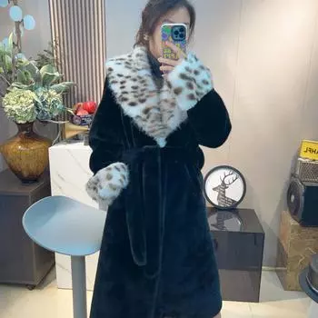 Зимнее пальто 2025 года из длинного норкового меха, приталенное, имитация меха, пальто с леопардовым принтом One size fits all
