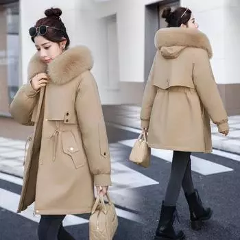 Зимнее пальто большого размера с большим меховым воротником, парка средней длины, пальто с хлопковой подкладкой M кофейный
